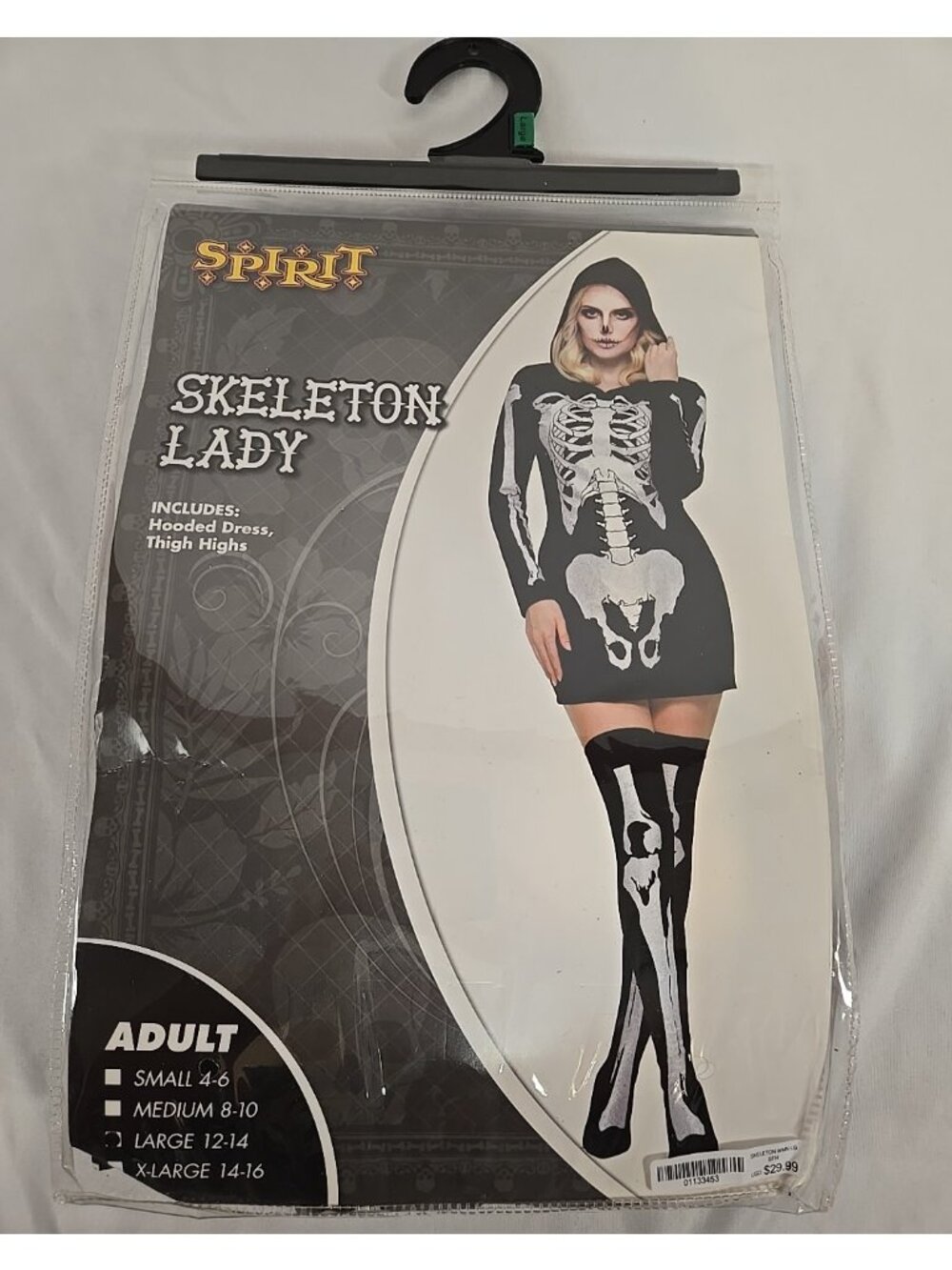 Spirit Halloween Skeleton Lady Costume Adult Size L Hooded Dress & Thigh Highs